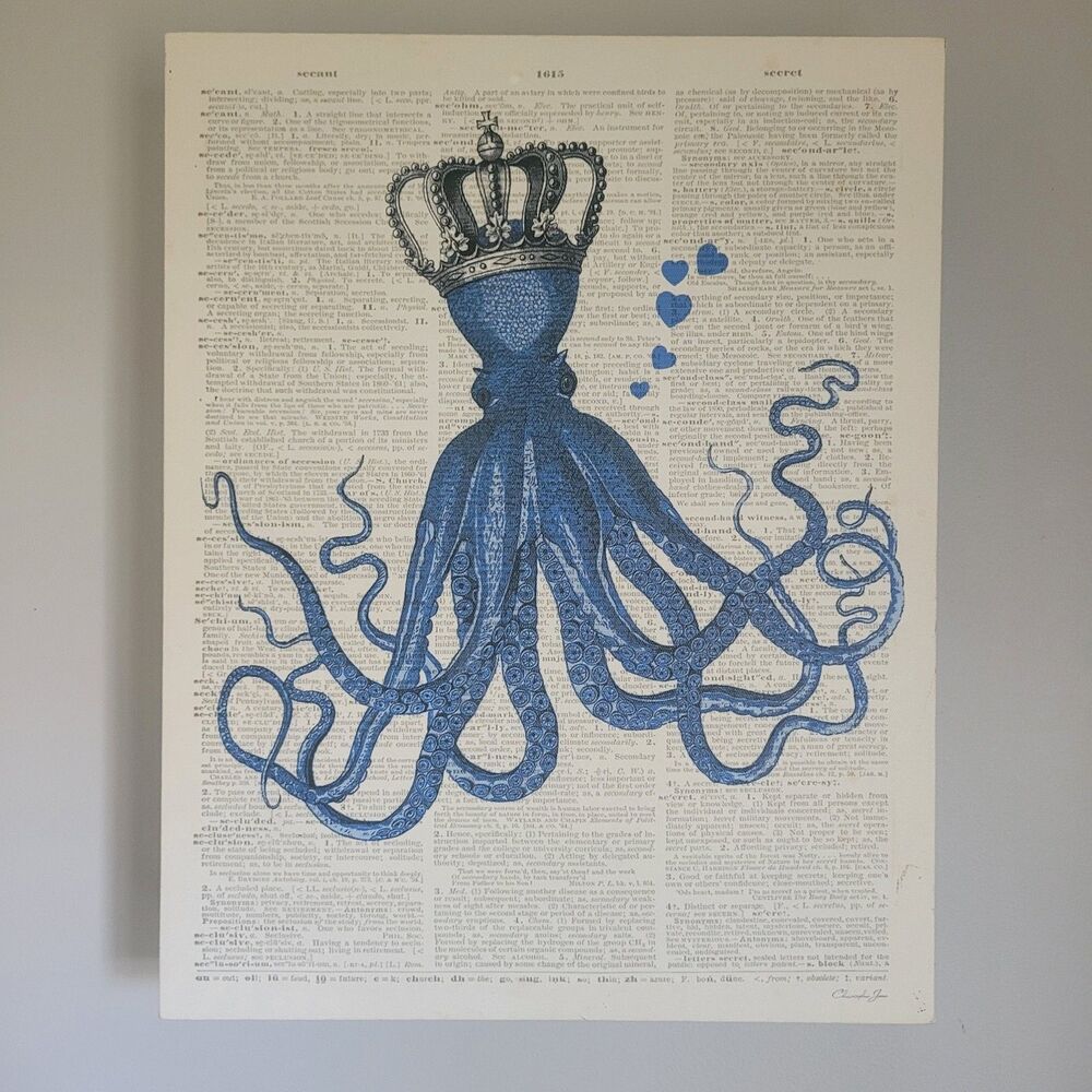 11x14 Canvas Wall Art Blue Octopus On Dictionary Page Modern Aquatic Bathroom